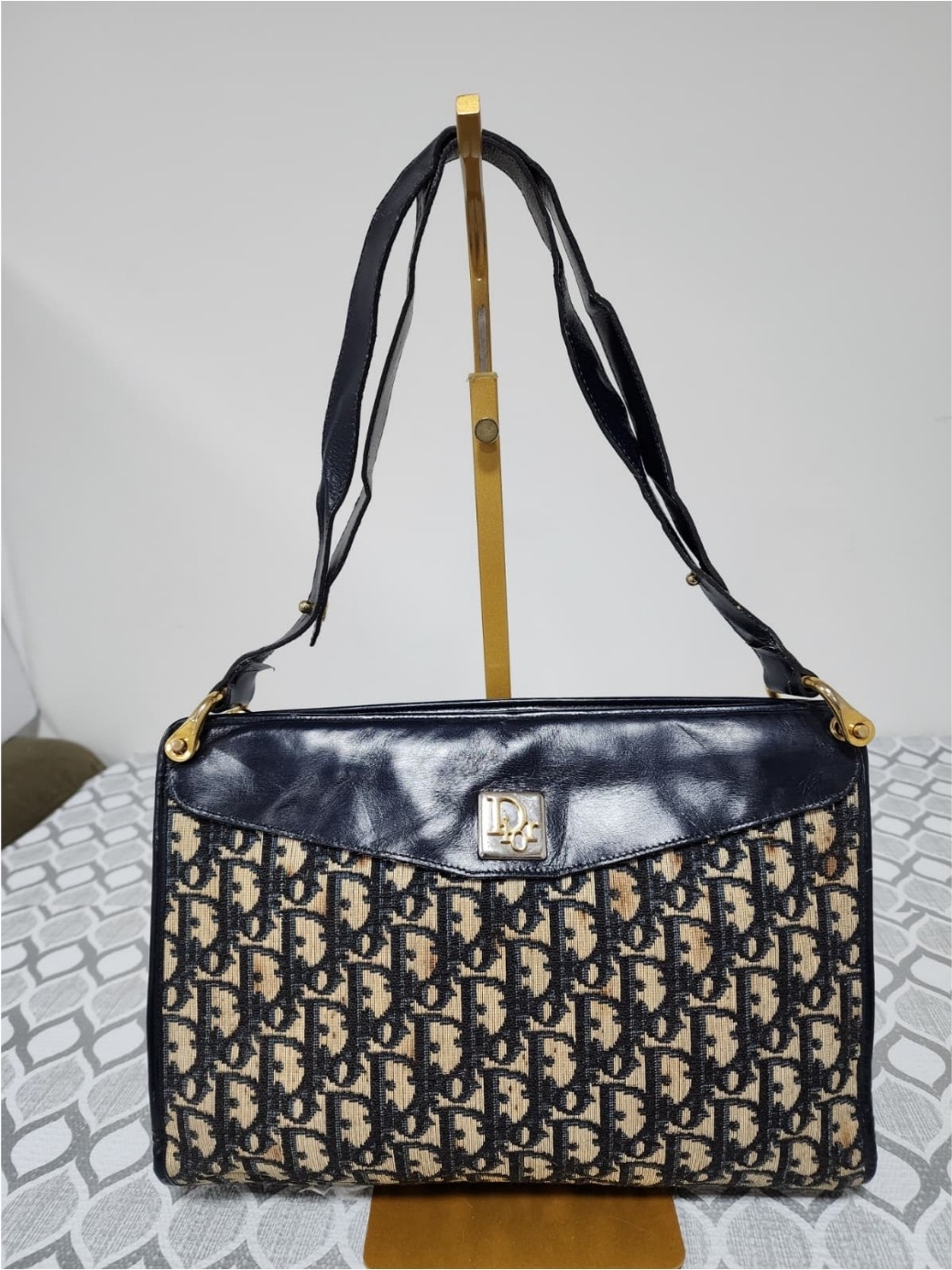 Christian Dior Vintage Diorissimo Top Handle Bag Beige/Navy Blue